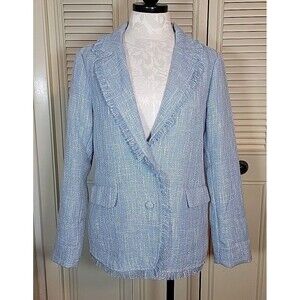 Shero Tweed Blazer with Fringe Trim, Medium, Lt Blue, Business Casual, Standout